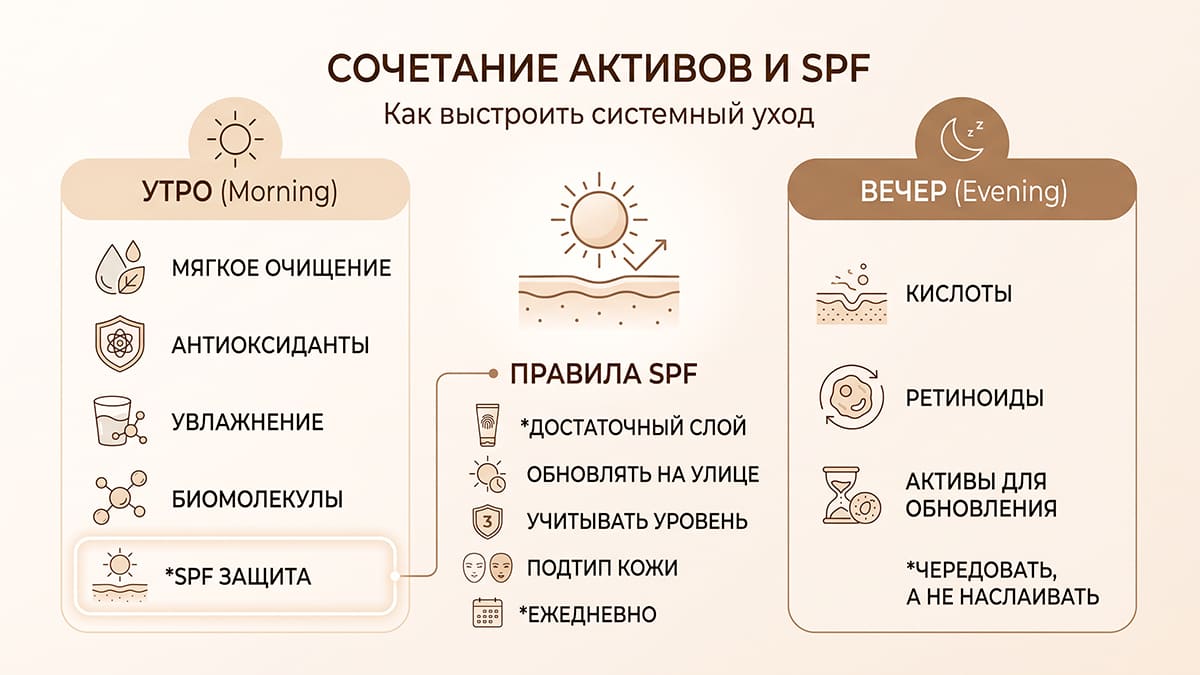 Можно ли сочетать активные компоненты и SPF: разбор ошибок ухода